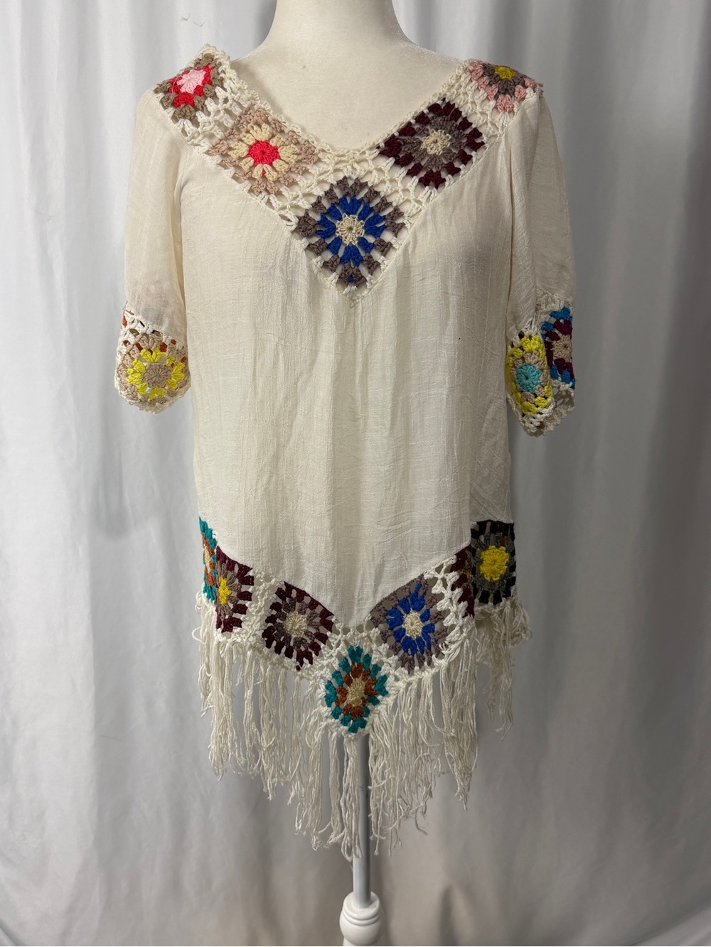 Cacia Boho Sheer Granny Square Crochet Fringe Tunic Plus Size 1X